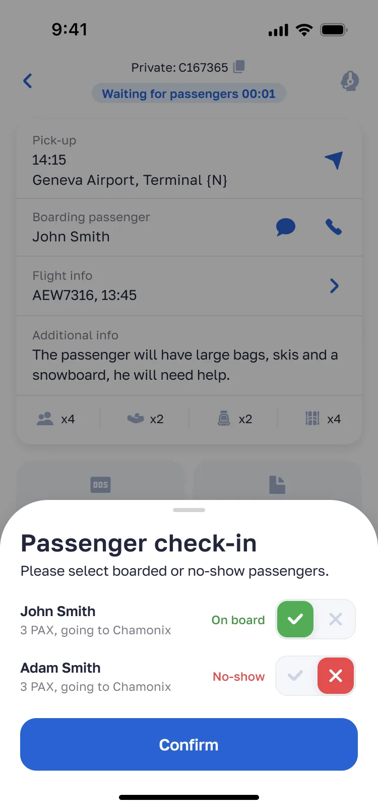Passenger check-in sheet — Alps2Alps driver app